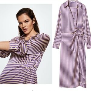 Mango Womens 2 Pastel Purple Striped Satin Midi Wrap Dress Long Sleeve